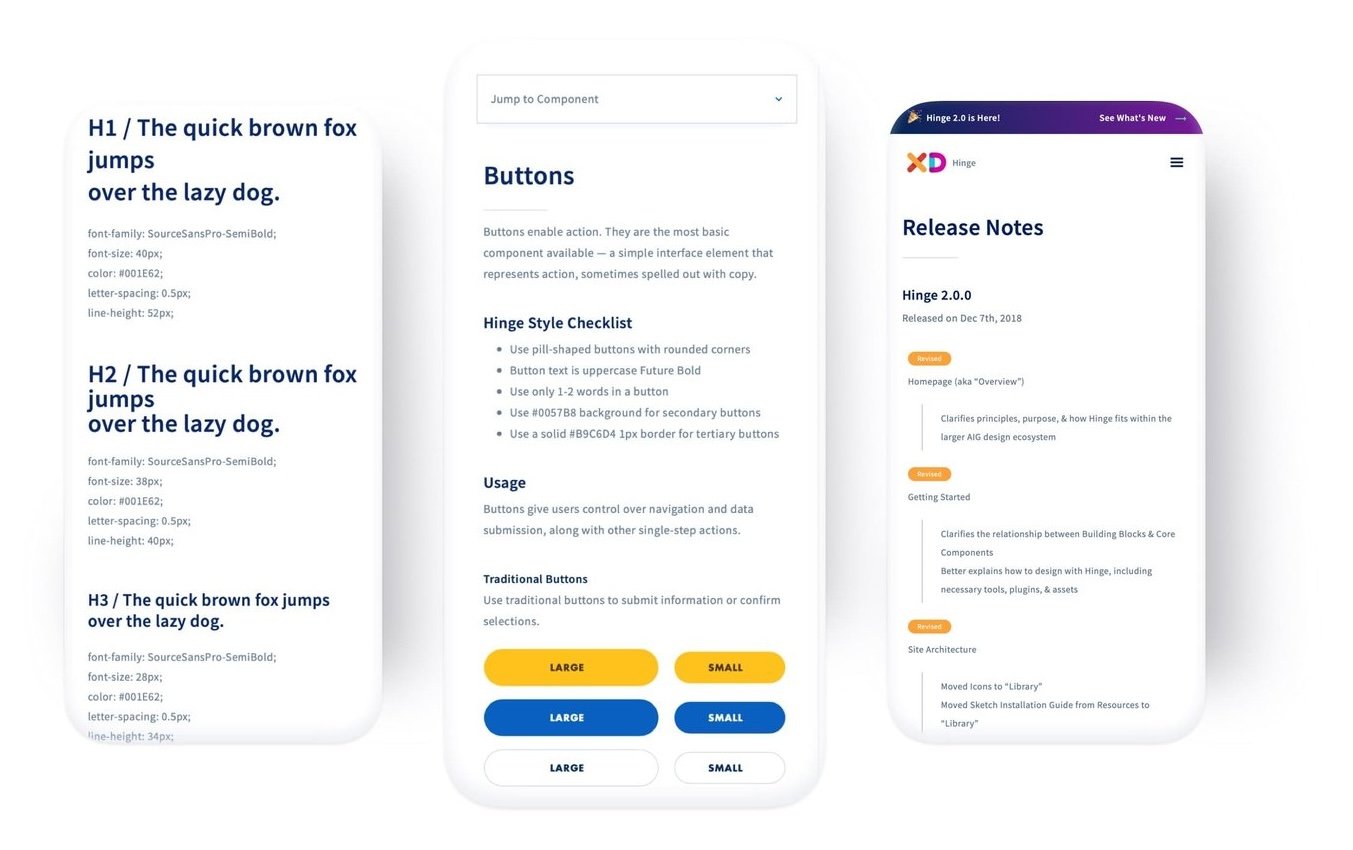 Design guidelines with sections for headings, buttons, and release notes.