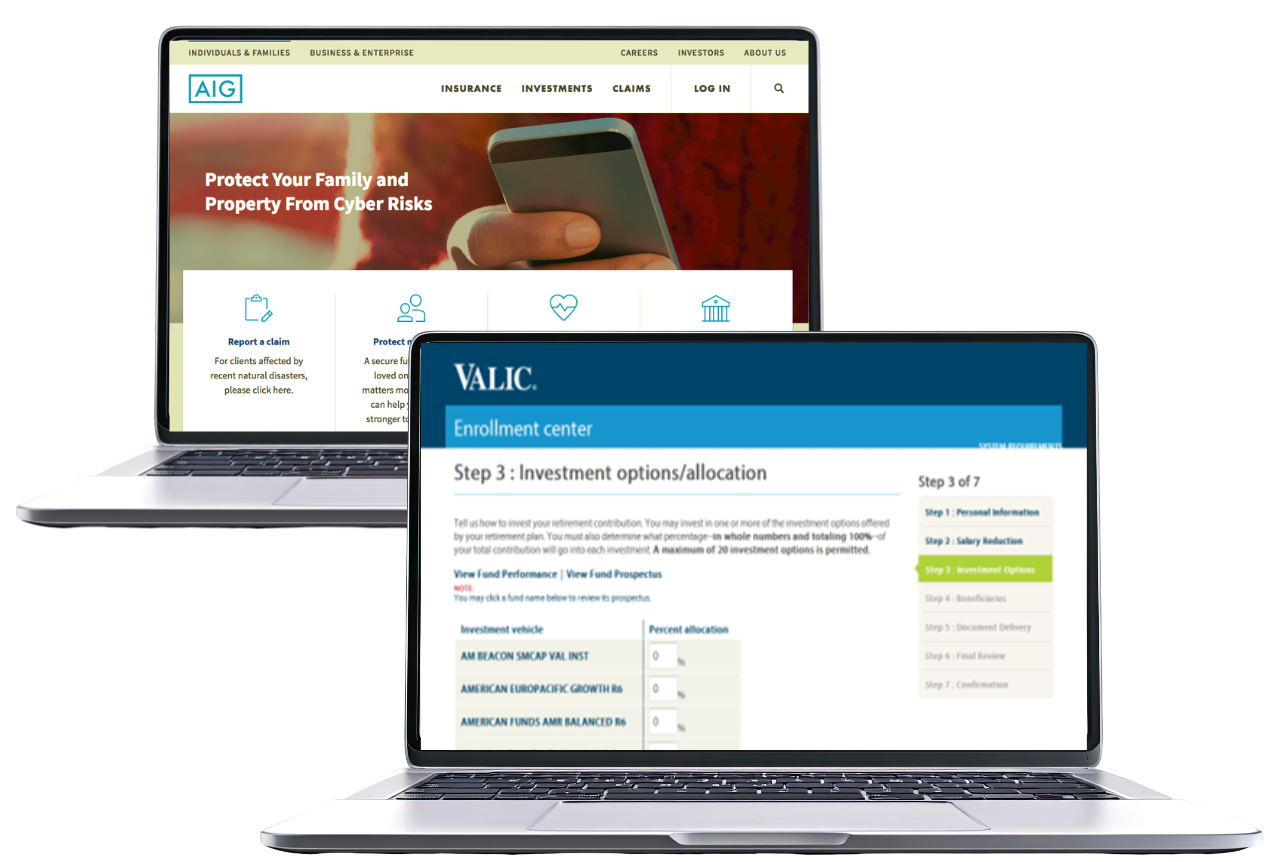 Two laptops, one showing AIG website before the redesign, and one after the redesign